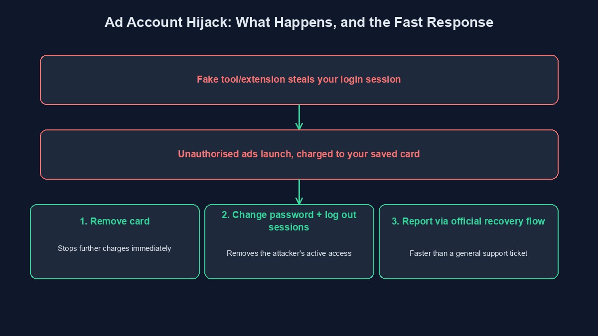 A diagram showing how an ad account gets hijacked and the specific recovery sequence that follows