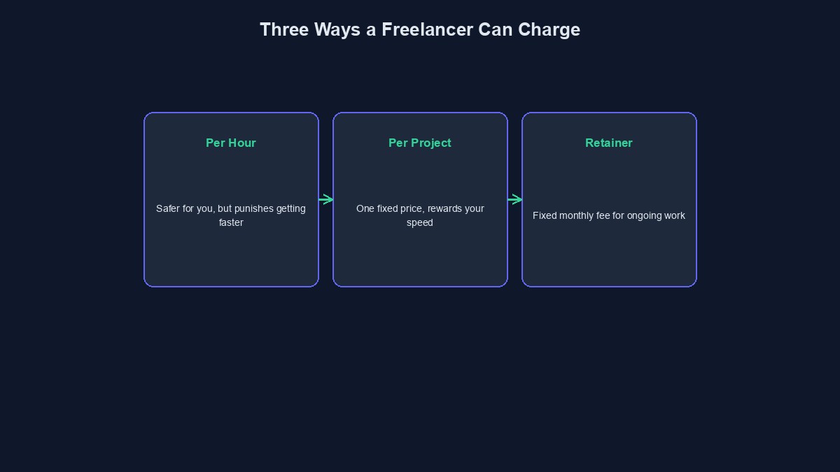 A diagram showing three ways a freelance developer can charge, and when each one makes sense