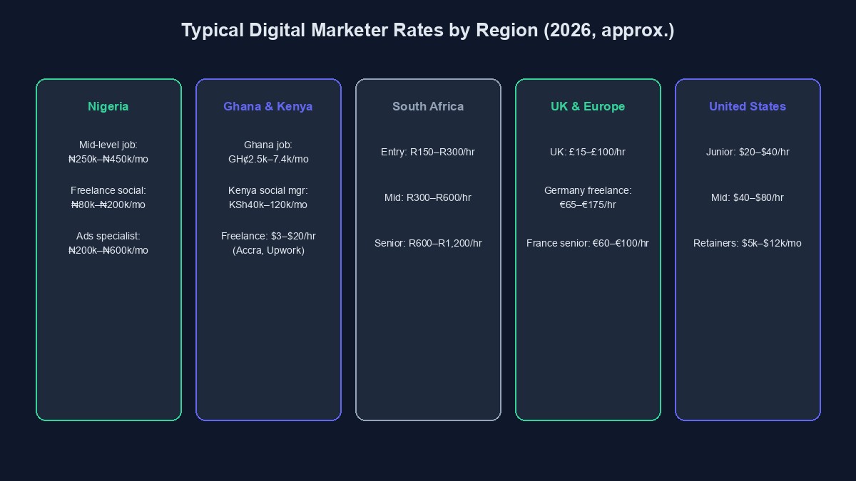 A diagram comparing typical digital marketer rates in Nigeria, Africa, Asia, Europe and the United States