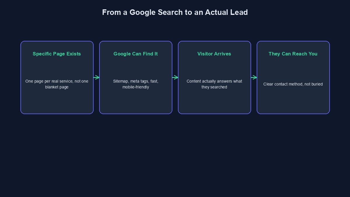 A diagram showing the path from a Google search to an actual lead, and where most business websites lose it