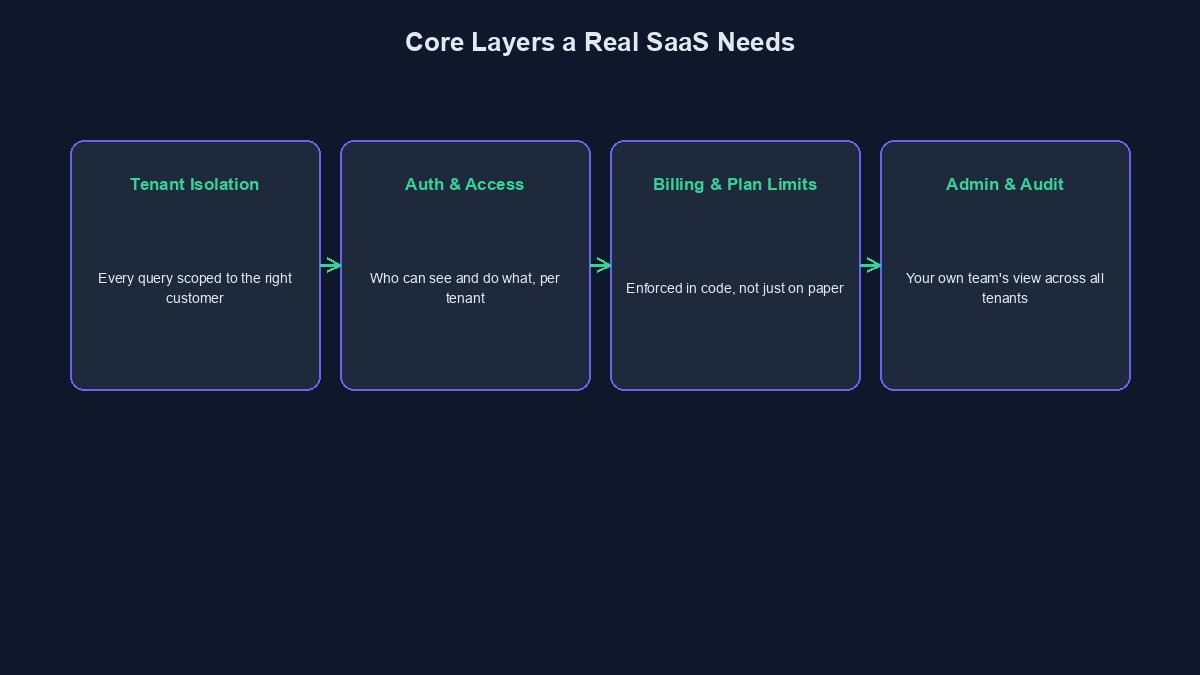 A diagram showing the core architectural layers a real SaaS platform needs
