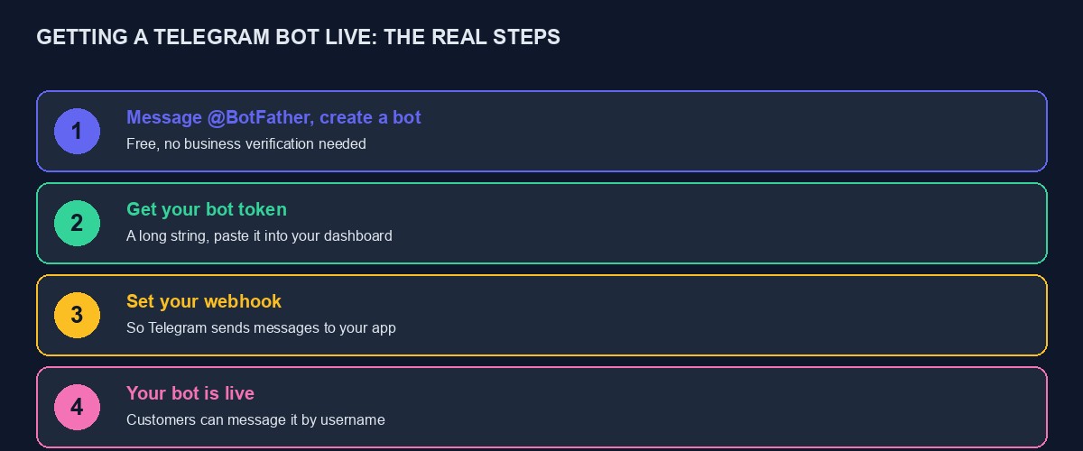 Four steps to a live Telegram bot: talk to BotFather, get a token, set a webhook, go live