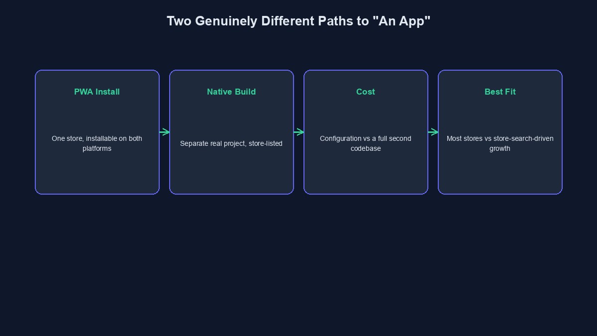 A diagram comparing the two genuinely different paths to an ecommerce store having an app on a customer's phone