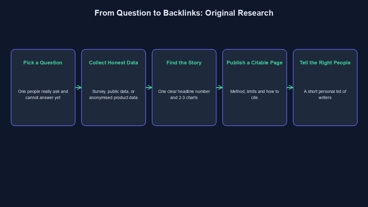 A diagram showing the steps of creating original research that earns backlinks, from question to outreach