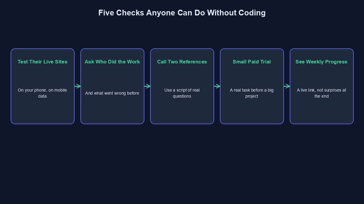 A diagram showing five checks a non-technical client can use to evaluate a developer