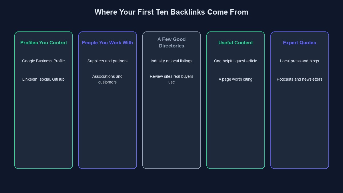A diagram showing five sources for your first ten backlinks