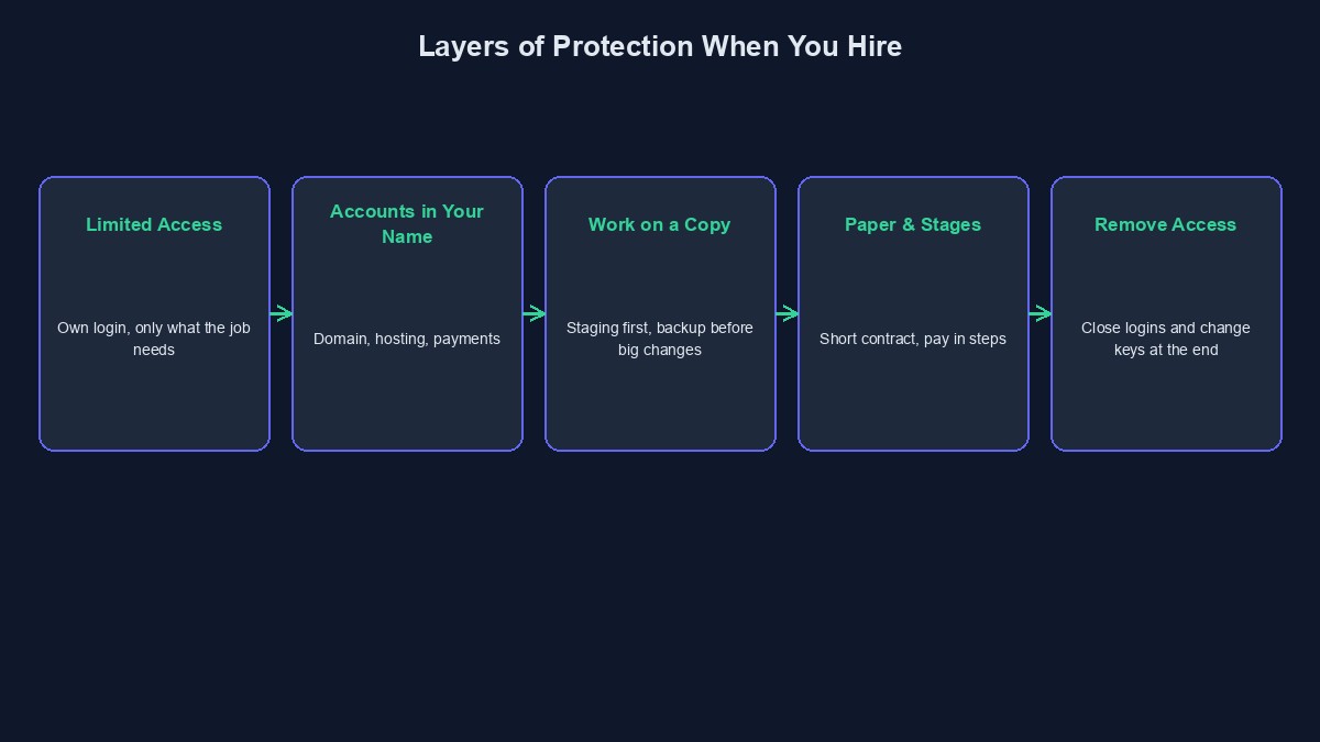 A diagram showing the layers of protection a client can put in place when hiring a developer