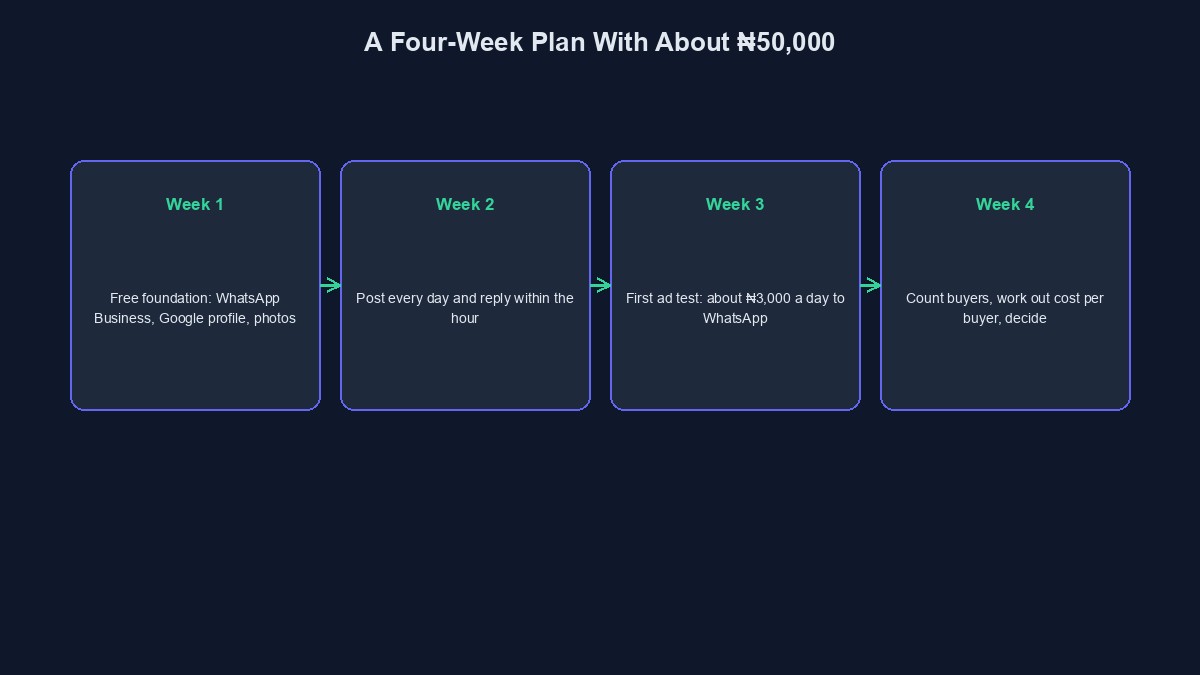 A diagram showing a four-week plan for starting digital marketing with a small budget