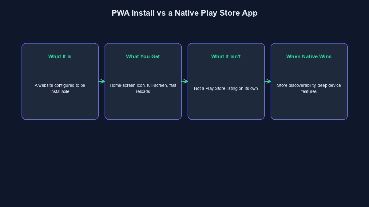 A diagram comparing a PWA install to a native Play Store app across the things that actually differ
