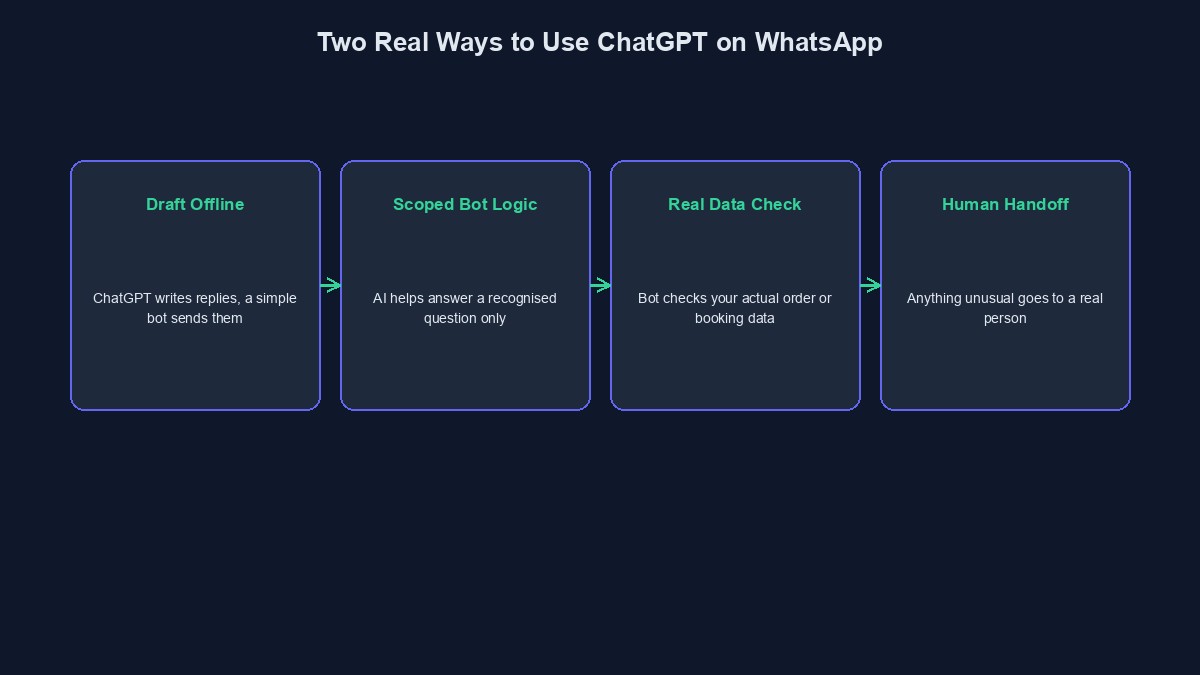 A diagram showing the real, compliant ways to use ChatGPT for WhatsApp customer service