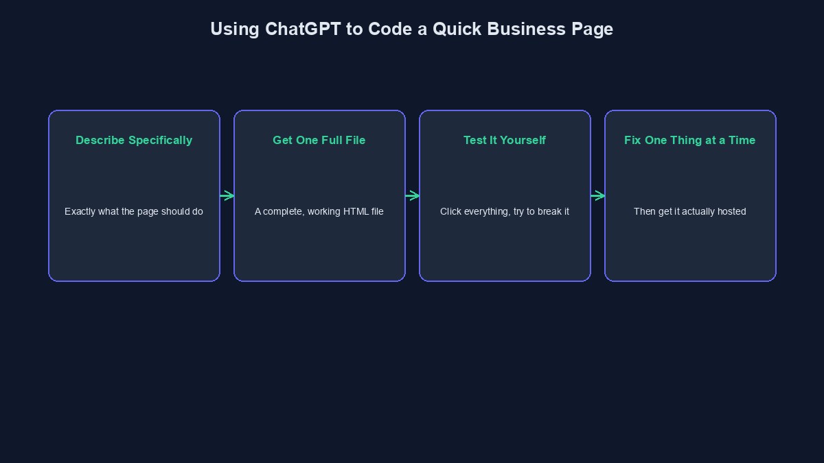 A diagram showing the real steps of using ChatGPT to code a quick business setup