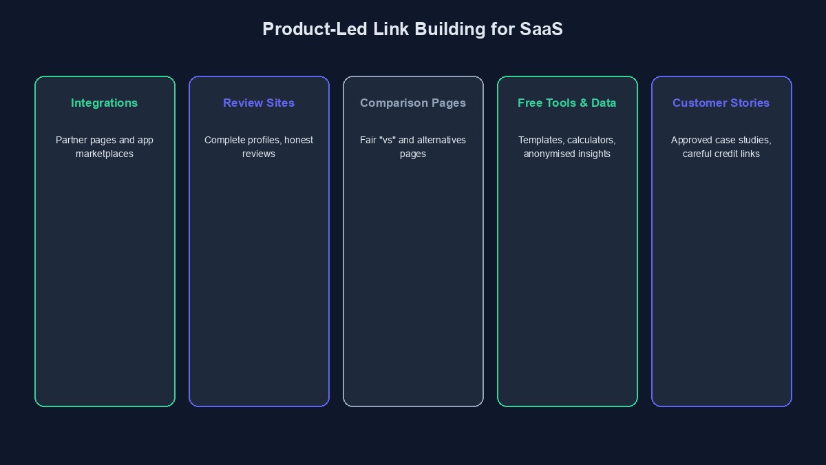 A diagram showing product-led link building assets for a SaaS company: integrations, review sites, comparison pages, free tools and customer stories