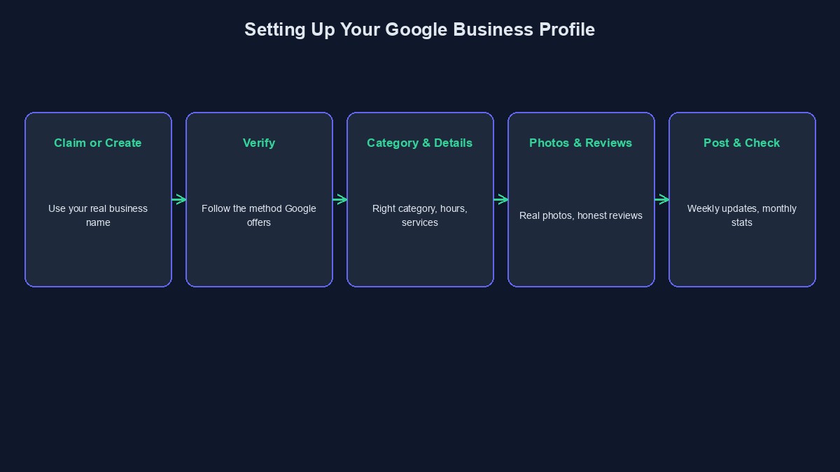 A diagram showing the steps to set up and improve a Google Business Profile for local search in Nigeria