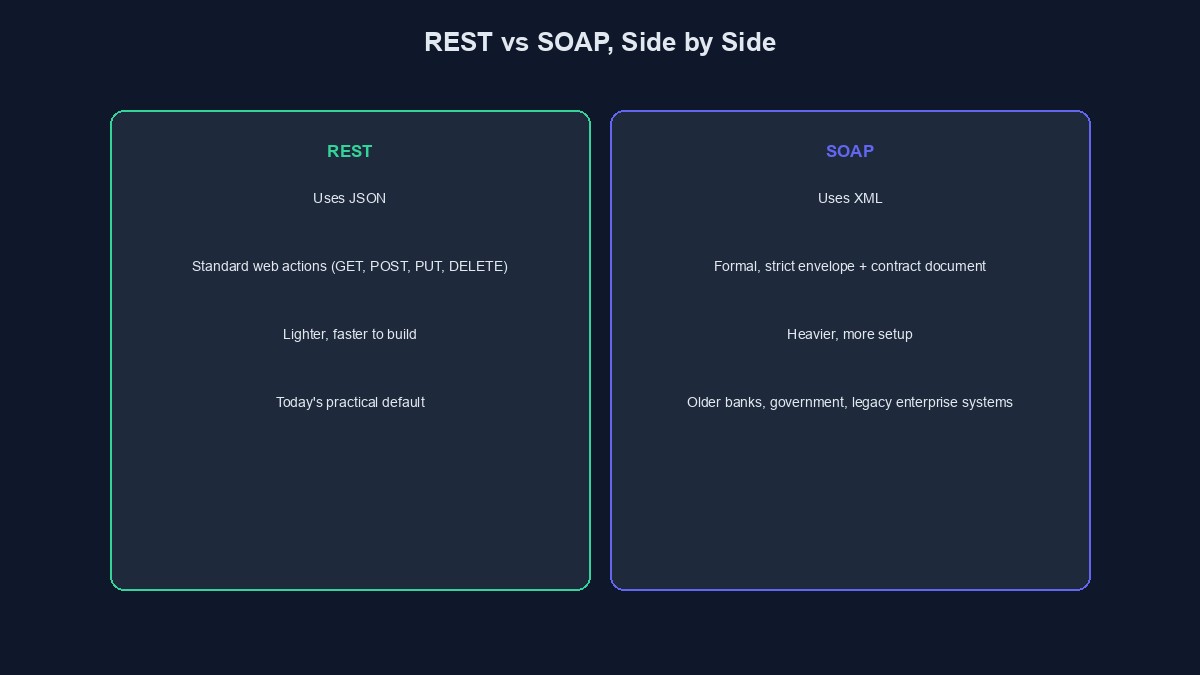 A diagram comparing REST and SOAP APIs side by side