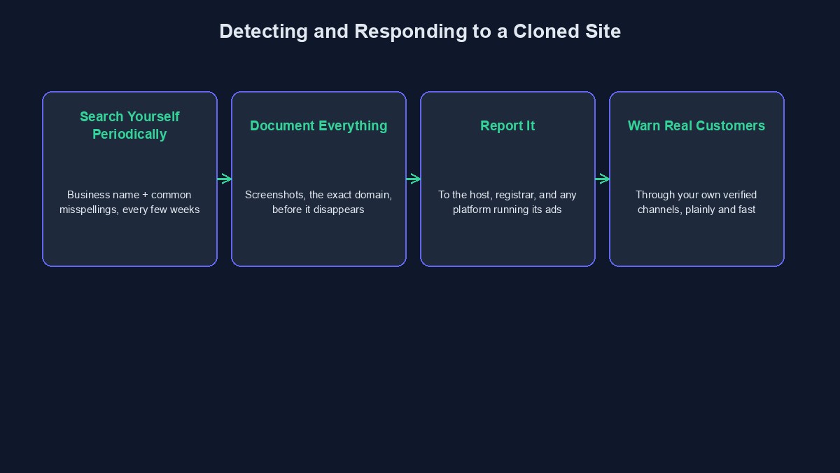 A diagram showing how to detect a cloned site and the specific response steps for each stage