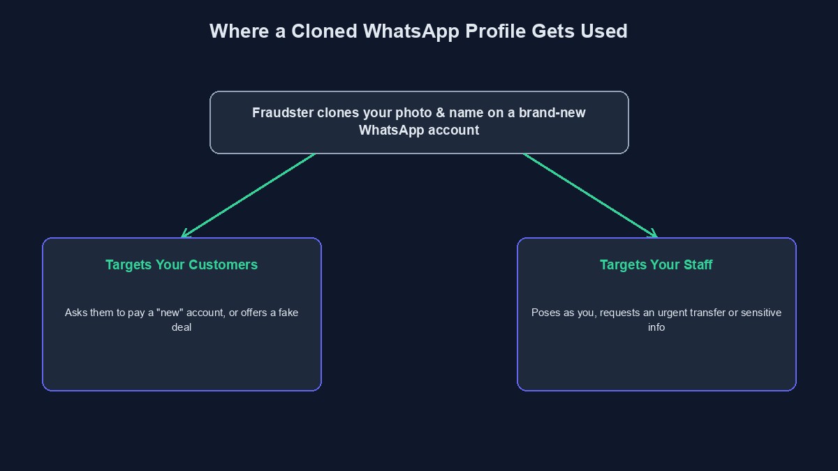 A diagram showing how a cloned WhatsApp profile is used to scam either your customers or your own staff
